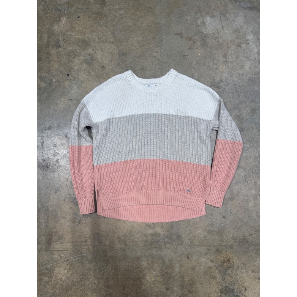 Hollister Womens XS Colorblock Crewneck Sweater‎ White Grey Pink Knit Stained